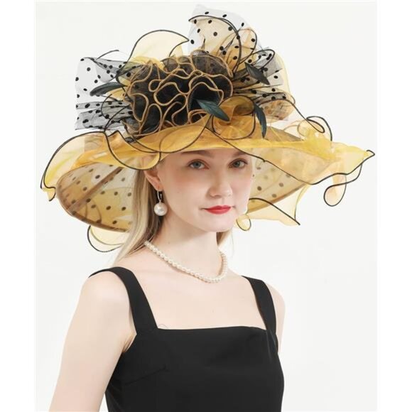Women Hat Wide Brim Tea Party Fascinator Yellow Black - Picture 4 of 6